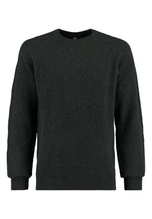 Czarny prążkowany sweter z dzianiny z okrągłym dekoltem, długimi rękawami i dopasowanymi mankietami, przedstawiony na białym tle.
