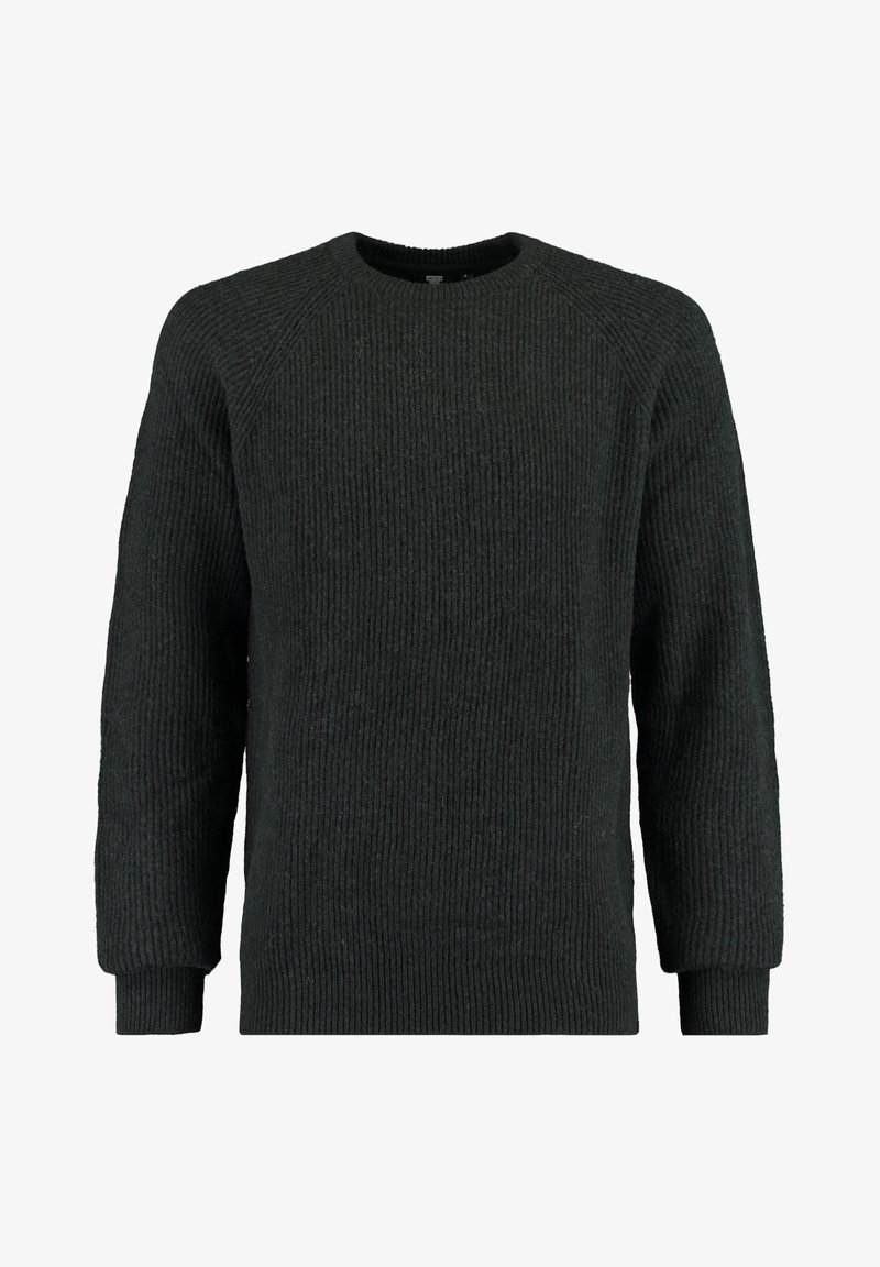 Pull noir à col rond en maille côtelée avec manches longues et poignets ajustés, présenté sur un fond blanc.
