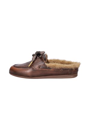 Brown leather slipper with fur lining and a patterned bow on top, shown from the side on a white background.