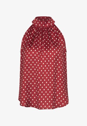 Ärmelloses rotes Neckholder-Top mit weißen Punkten und gerafftem hohem Ausschnitt.