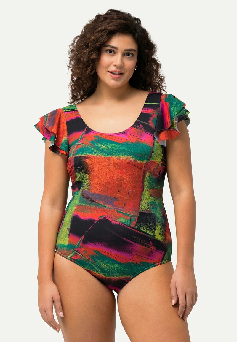 Eéndelig badpak met gerimpelde mouwen, met gedurfde abstracte patronen in rood, groen en zwart op een donkere achtergrond. Glad stoftextuur.