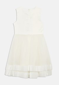 Αμάνικο λευκό φόρεμα με εφαρμοστή κορυφή, φερμουάρ στο πίσω μέρος και ολόκληρη φούστα από τούλι με σατέν τελείωμα στο τελείωμα.