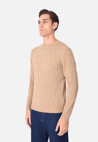Maglione beige lavorato a maglia con un motivo a nido d'ape testurizzato, colletto rotondo e bordo a costine. Indossato con jeans blu scuri, in piedi contro uno sfondo bianco.