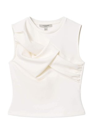 Biała bezrękawnikowa bluzka z asymetrycznym drapowanym detalem materiału z przodu i okrągłym dekoltem, marka AllSaints, rozmiar small.