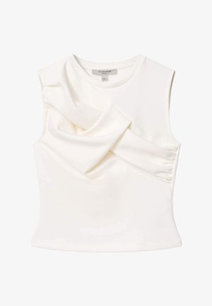 Biała bezrękawnikowa bluzka z asymetrycznym drapowanym detalem materiału z przodu i okrągłym dekoltem, marka AllSaints, rozmiar small.