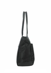 Sac noir avec une surface douce et texturée, une seule sangle et une forme décontractée. Il dispose d'une poche latérale et d'un matériel minimal.