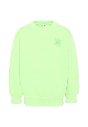 Felpa verde chiaro con scollo a girocollo, maniche lunghe e piccolo disegno ricamato a spirale di sole sulla parte superiore sinistra del petto.