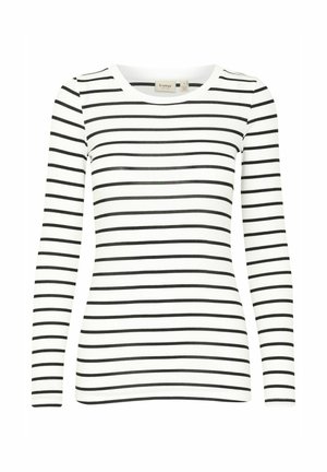 Top cu mânecă lungă, cu dungi, având un guler tip crew. Materialul este alb cu dungi subțiri negre orizontale. Textură moale, ajustată, cu un model ribat.