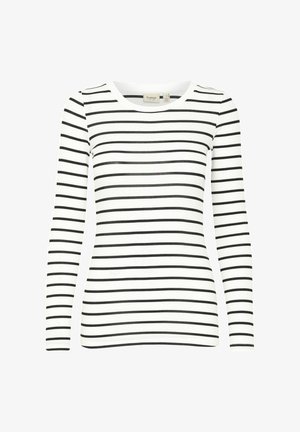 Top cu mânecă lungă, cu dungi, având un guler tip crew. Materialul este alb cu dungi subțiri negre orizontale. Textură moale, ajustată, cu un model ribat.