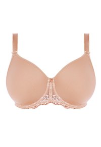 Beige ondergoed met beugels, met gladde schuim cups, kantafwerking aan de onderkant en verstelbare banden. Heeft een decoratieve strik in het midden.