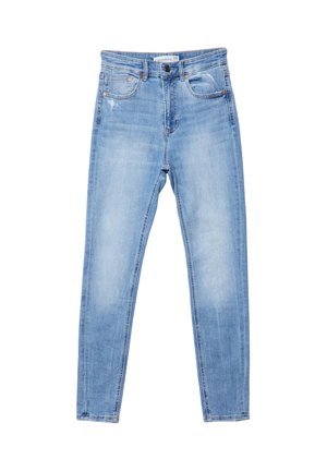 Hellblaue Skinny-Jeans aus Denim mit mittlerer Taille, Fünf-Taschen-Design und subtilen Ausbleichungen, ausgestattet mit einem Metallknopf und Reißverschluss.