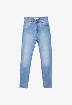 Light blue denim skinny jeans with a mid-rise waist, five-pocket design, and subtle fading, featuring metal button and zip closure.