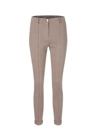 Pantalon à carreaux marron avec une coupe ajustée, doté d'une fermeture éclair sur le devant, de poches avant et d'un ourlet retroussé. Le tissu a une texture lisse.