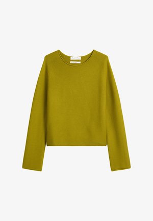 Long-sleeve mustard yellow knitted sweater with crew neck, straight hem, and label reading "Marc O'Polo" inside the collar.