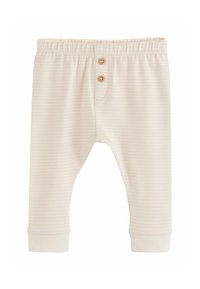 Pantalon de bébé beige doux avec de fines rayures horizontales, taille élastique, deux boutons en bois et chevilles retroussées.