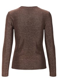 Ruskea pitkähihainen paita, jossa kimaltava pinta. Pyöreä pääntie ja vartalonmyötäinen malli, sopii kerrospukeutumiseen tai itsenäiseen käyttöön.