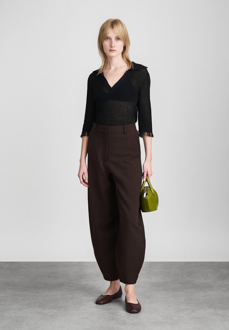 Blusa nera trasparente con maniche a tre quarti, pantaloni a gamba larga marroni e una piccola borsa verde, abbinati a scarpe ballerine bordeaux.