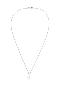 Sølv kædetrøje med en lille, poleret korsvedhæng, der har en enkelt klar ædelsten i midten. Kæden har en lobster-krog.