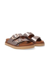Metallic bronze slide sandaler med to justerbare spænder, brunt polstret sål og en lysfarvet gummisål.