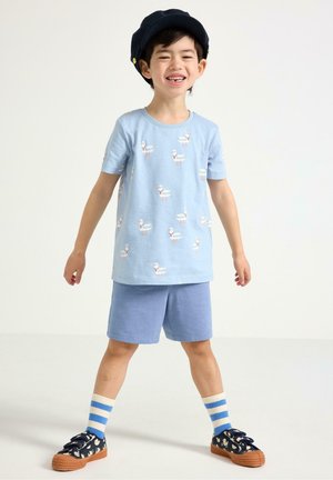 Smilende barn stående med benene i siden iført en blå hat, lyseblå T-shirt med fugleprint, blå shorts, stribede sokker og mønstrede sneakers.