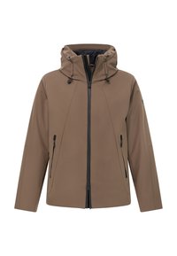 Veste en softshell marron avec capuche, deux poches avant zippées et détail de fermeture éclair noire. Présente une texture lisse et un design épuré.