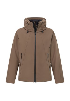 Giacca softshell marrone con cappuccio, due tasche frontali con zip e dettagli con cerniere nere. Caratterizzata da una texture liscia e un design snello.