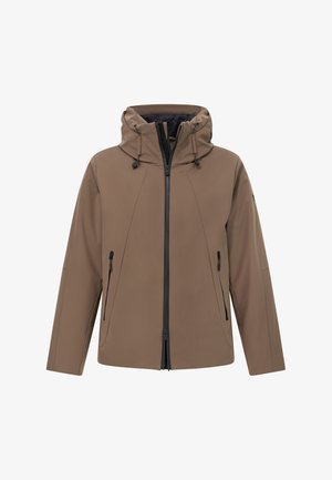 Giacca softshell marrone con cappuccio, due tasche frontali con zip e dettagli con cerniere nere. Caratterizzata da una texture liscia e un design snello.