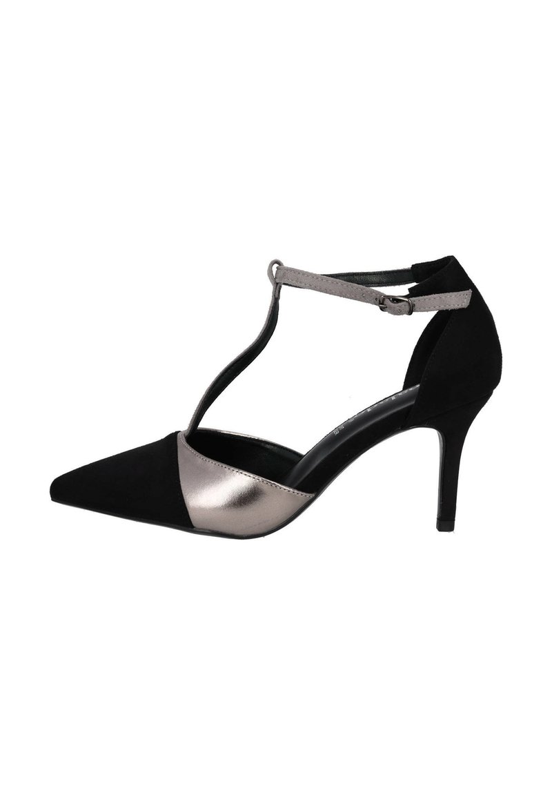 Scarpa con tacco alto a punta nera e argento metallizzato, design con cinturino a T, materiale scamosciato e dettaglio in pelle liscia.