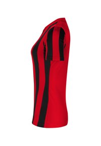 Rood en zwart gestreepte sport t-shirt, korte mouwen, aansluitend ontwerp, gemaakt van ademend materiaal, gladde textuur, zijnaad zichtbaar.