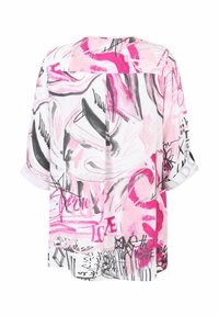 Leichtes, weißes Shirt mit einer Mischung aus pinken und schwarzen abstrakten Mustern, mit Drei-Viertel-Ärmeln und einem lässigen Schnitt.