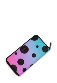 Zippered wallet featuring a gradient design in pink and blue, with large black polka dots and "VUCH" logo in red. Made of synthetic material.