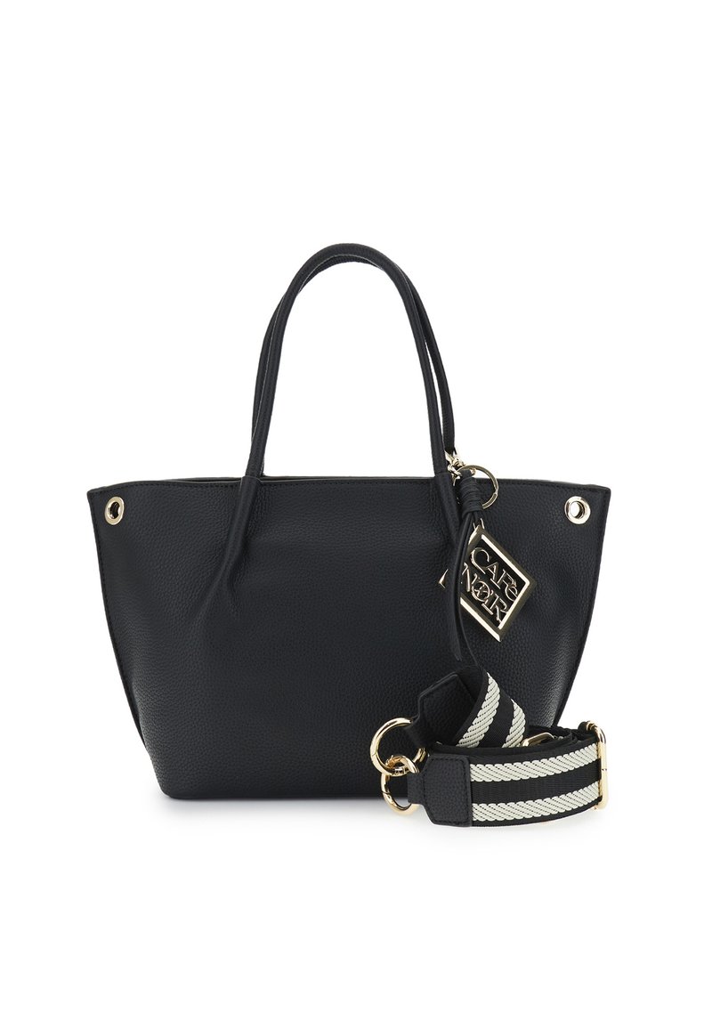 Borsa tote in pelle nera con doppio manico, una tracolla rimovibile a righe e un'etichetta in tono oro. Finitura testurizzata con dettagli in oro.