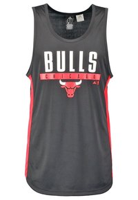 Débardeur de sport noir arborant "BULLS" en grandes lettres blanches, une bande rouge sur les côtés et un logo de taureau rouge au centre.