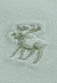 Κεντημένο πάνελ ενός ταράνδου σε νήματα ανοιχτού πράσινου και μπεζ σε φόντο από απαλό, υφασμάτινο ύφασμα μέντας με υφή.