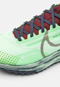 Baskets Nike vertes et noires avec une tige texturée arborant le logo GORE-TEX, des accents bordeaux et des lacets bleus dans un design léger et robuste.