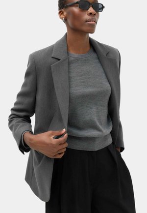 Persoon met donkere zonnebril, een grijze blazer over een grijze trui en zwarte broek, die met één hand de revers van de blazer vasthoudt, tegen een lichte achtergrond.