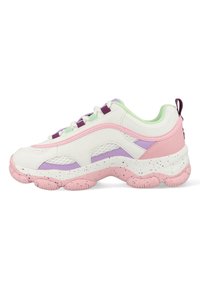 Witte en roze sneaker met een meshontwerp, paarse accenten, een gespikkelde zool en een gevoerd kraagje. Veters in pastelkleuren maken de look af.