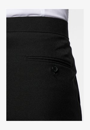 Black trousers with a smooth texture, featuring a side pocket with a black button and a tailored waistband.