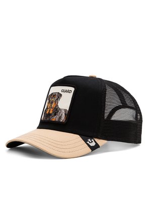 Black and beige baseball cap with a mesh back, featuring a rectangular patch of a dog and the word "GUARD" above the image.