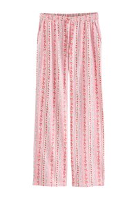 Różowo-białe paski spodnie do piżamy z czerwonymi kokardkami, sercami i kwiatowymi wzorami, z elastycznym pasem i regulowanym sznurkiem z przodu.