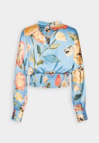 Blå långärmad cropped blus med smockad midja och flerfärgad blommig tryck, med en nyckelhålsknapp och knäppning vid bakhalsen.