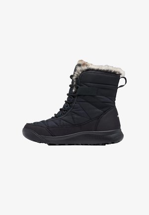 Schwarzer Winterstiefel mit Schnürsenkeln, gestepptem Design, Fellbesatz oben und strukturierten Sohlen für besseren Halt.