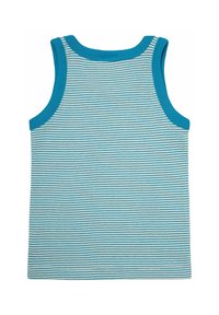 Blau gestreiftes Tanktop mit hellblauen und dunkelblauen horizontalen Streifen, einem einfarbigen blauen gerippten Halsausschnitt und Armausschnitten.