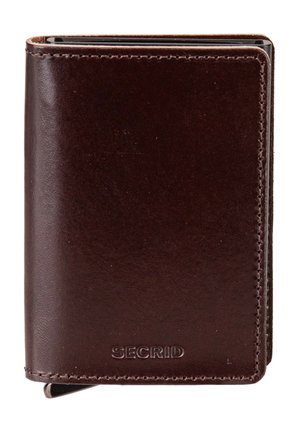 Compact dark brown leather wallet with visible stitching, embossed "SECRID" logo, and slim metal cardholder inside.