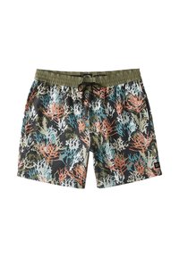 Shorts de bain avec un cordon de serrage à la taille, présentant un motif de récif corallien en bleu, orange et vert sur fond noir. Tissu léger.