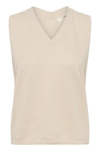 Gilet en maille beige sans manches avec col en V et ourlet côtelé, présenté sur fond blanc.