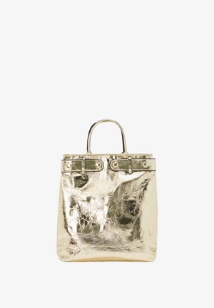 Metallic gold tote bag with textured surface, double handles, and button accents. Rectangular shape with a glossy finish.