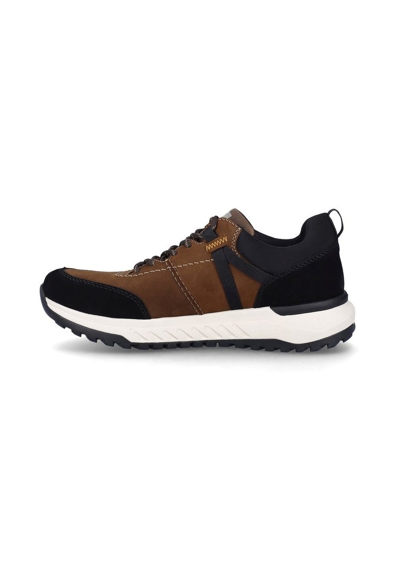 Brown and black athletic shoe with suede and synthetic material, contrasting stitching, textured sole, and reinforced heel and toe areas.