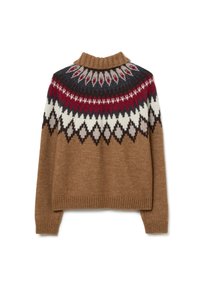 Pull en maille marron avec un col montant, orné de motifs géométriques colorés en rouge, marine, blanc et gris le long de l'empiècement et de l'ourlet côtelé.