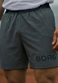 Zbliżenie na osobę ubraną w ciemnoszare, sportowe spodenki z napisem "BORG" na lewej nogawce i elastycznym paskiem w talii.